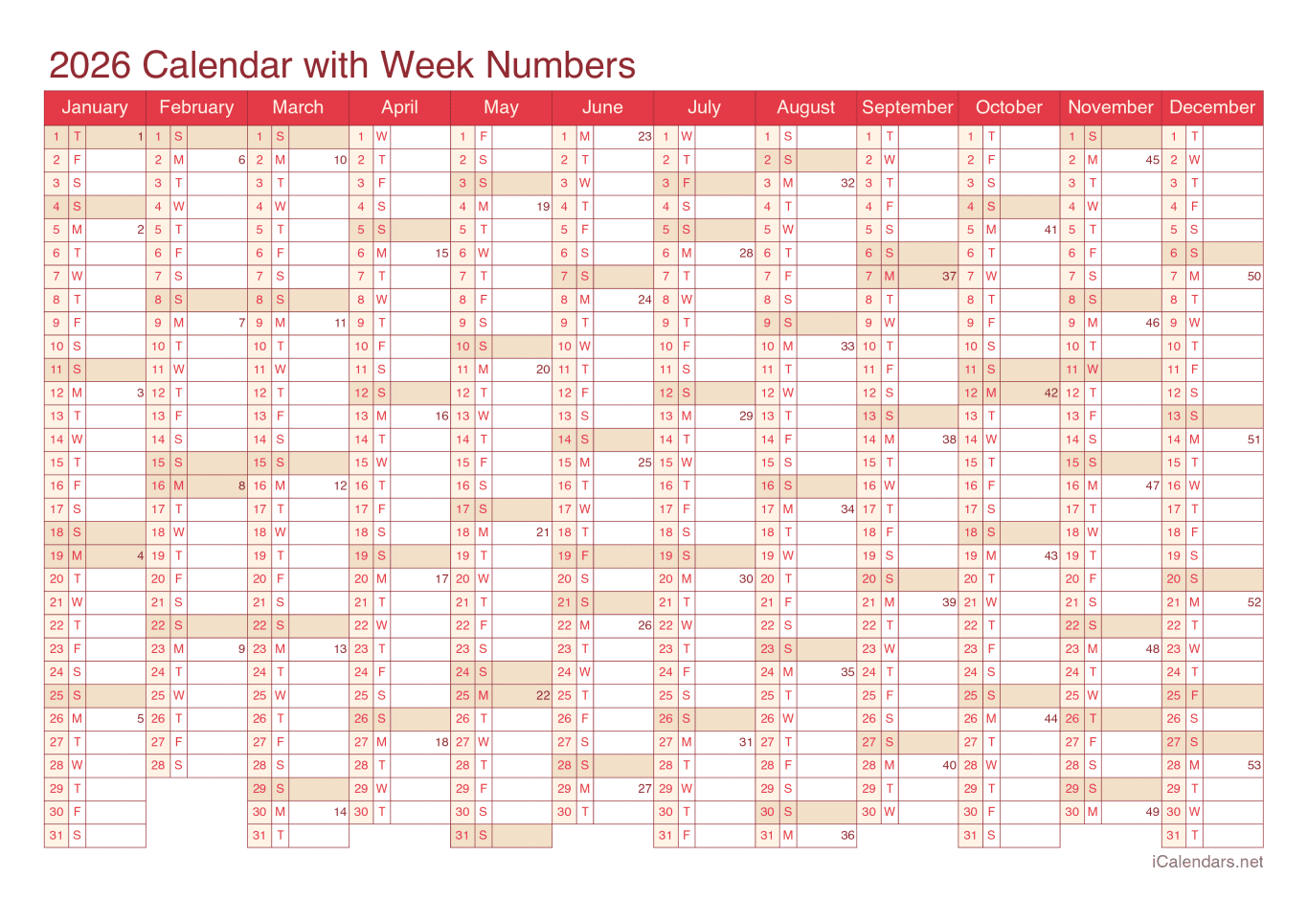 2026 Calendar with week numbers - Cherry