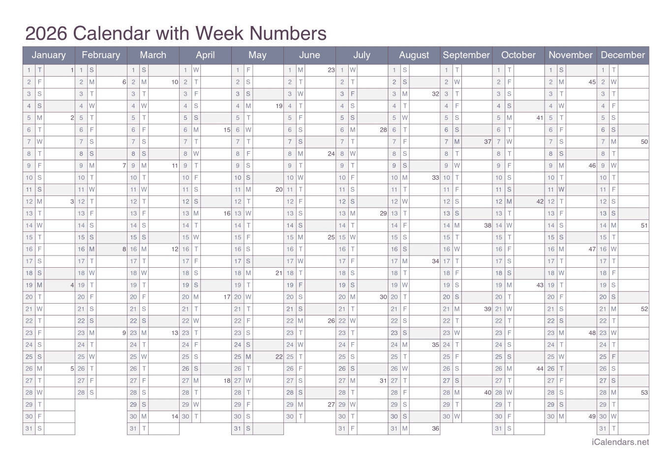 2026 Calendar with week numbers - Office