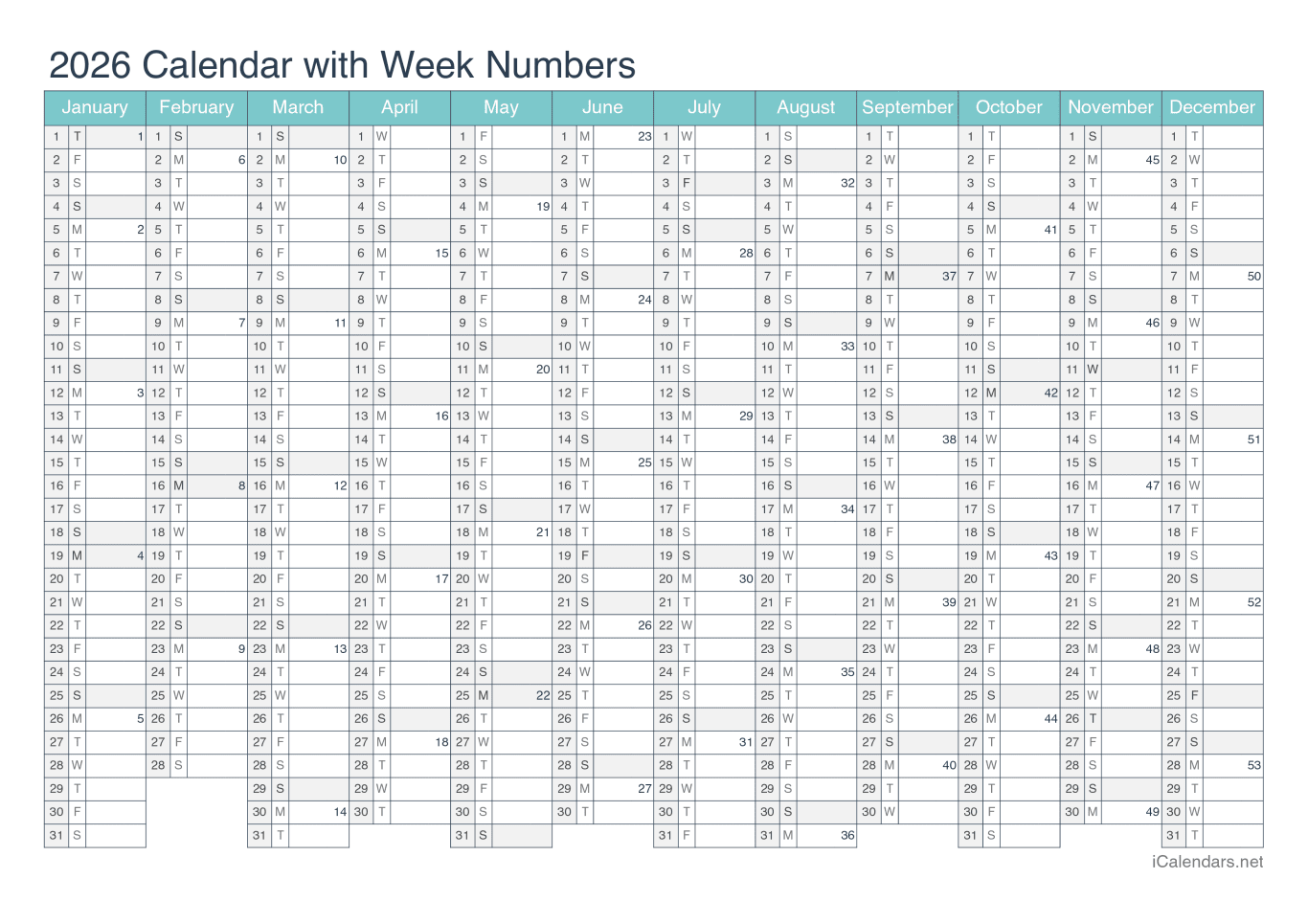 2026 Calendar with week numbers - Turquoise