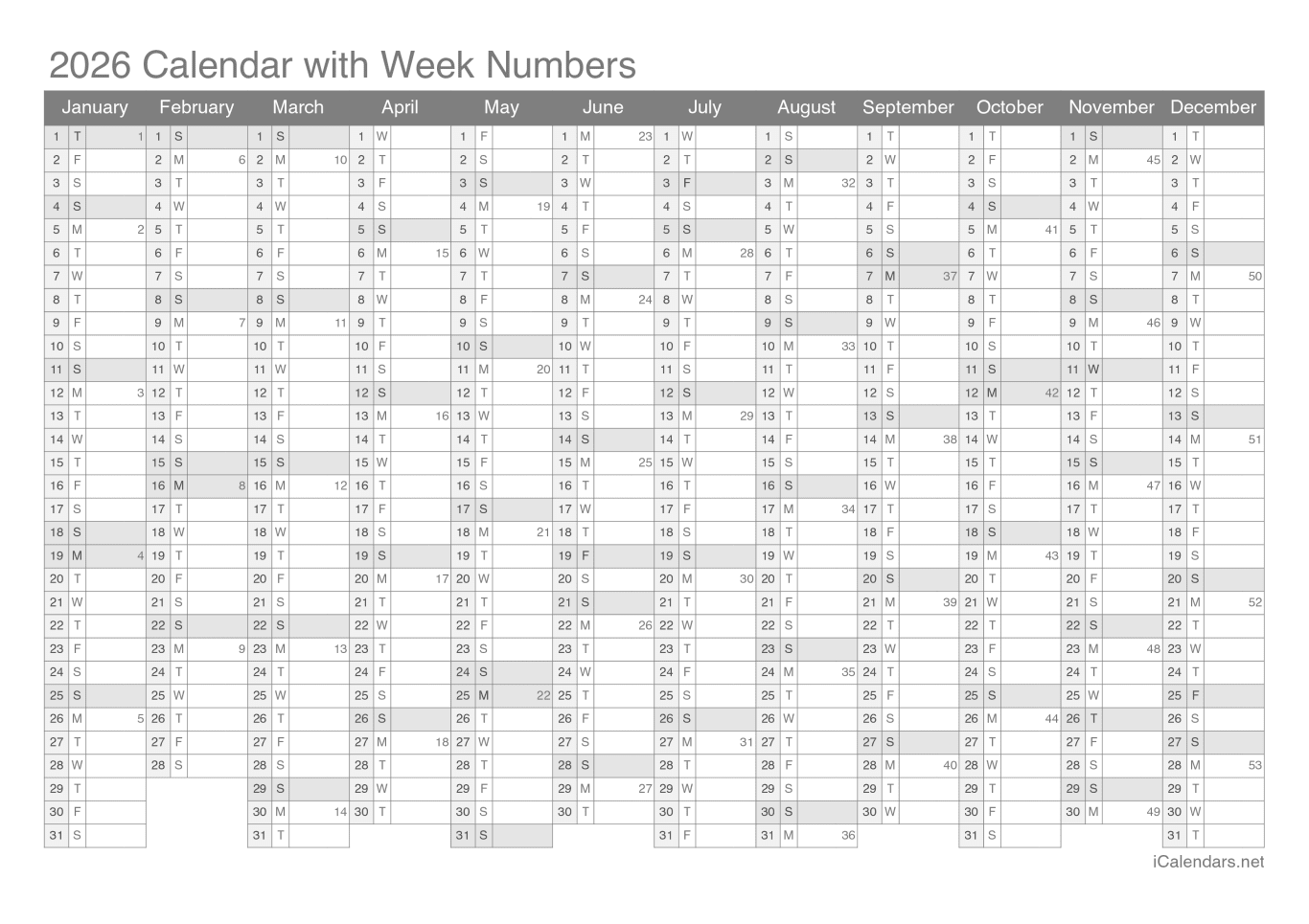 2026 Calendar with week numbers