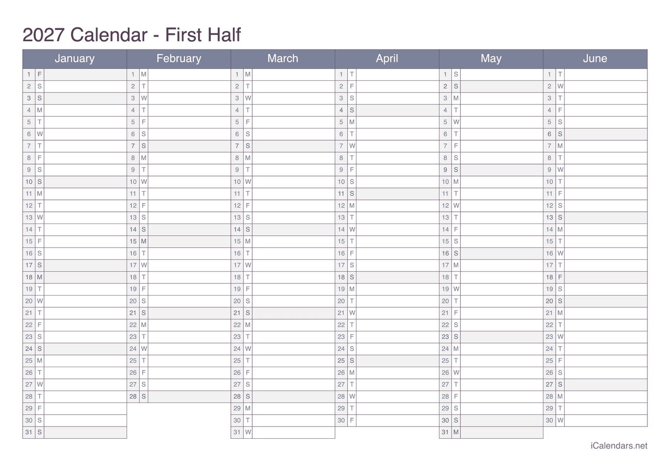 2027 Half year calendar - Office