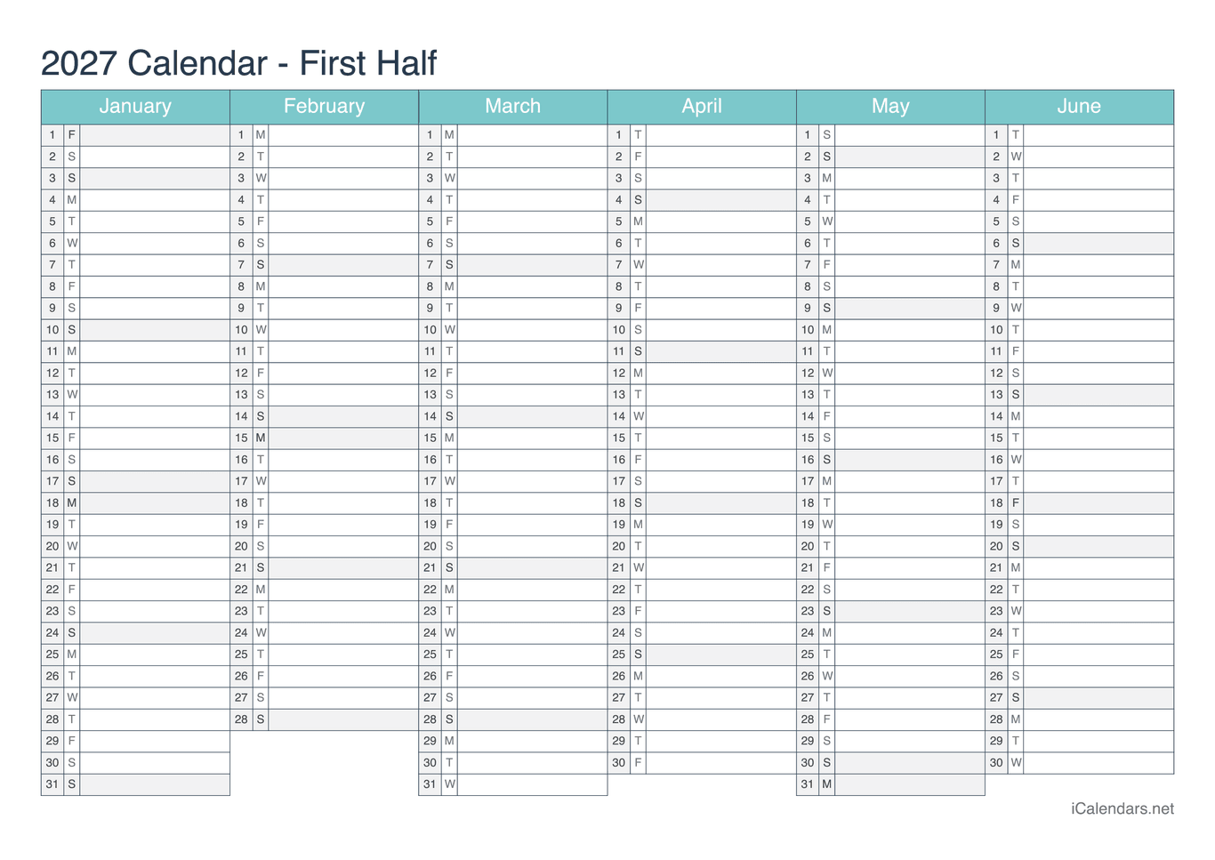 2027 Half year calendar - Turquoise