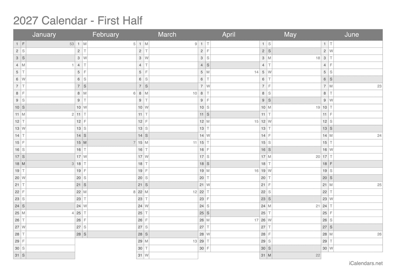 2027 Half year calendar with week numbers