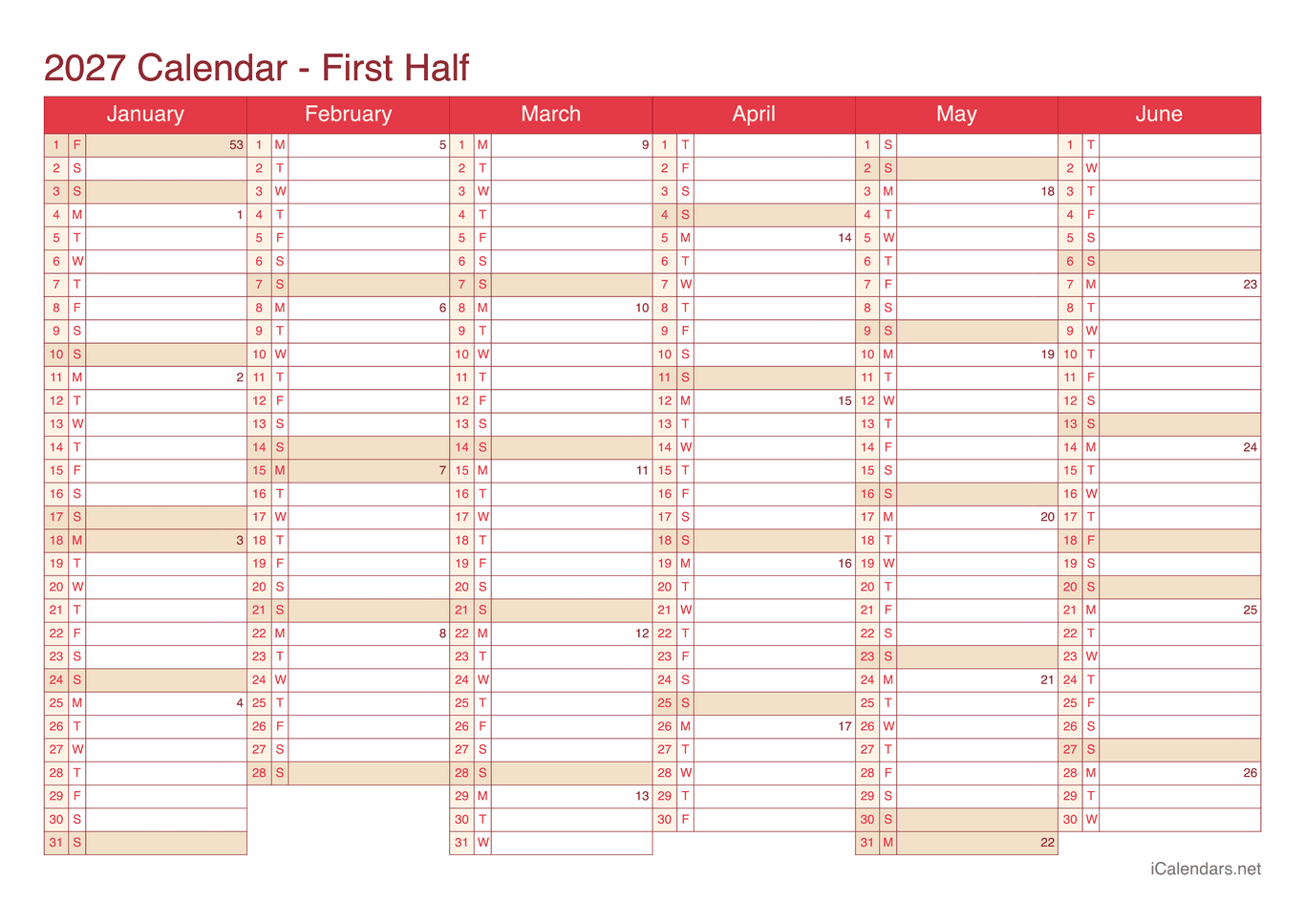 2027 Half year calendar with week numbers - Cherry