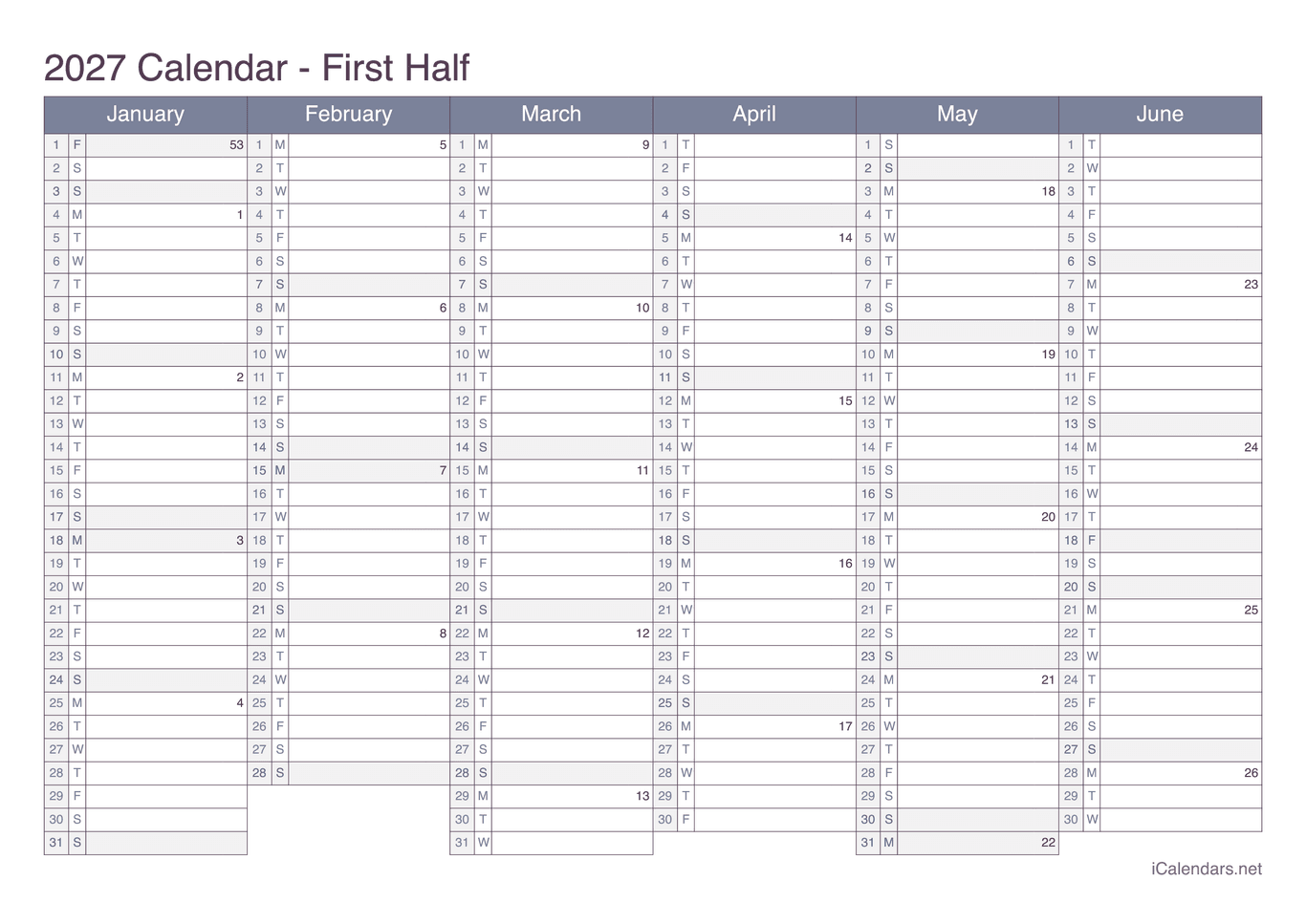 2027 Half year calendar with week numbers - Office