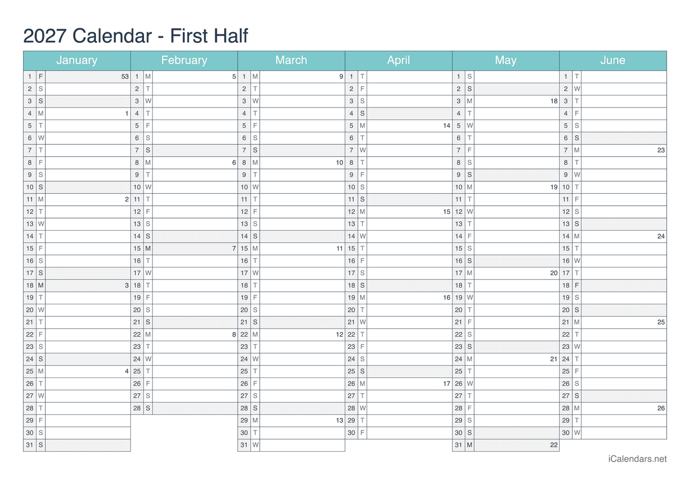 2027 Half year calendar with week numbers - Turquoise