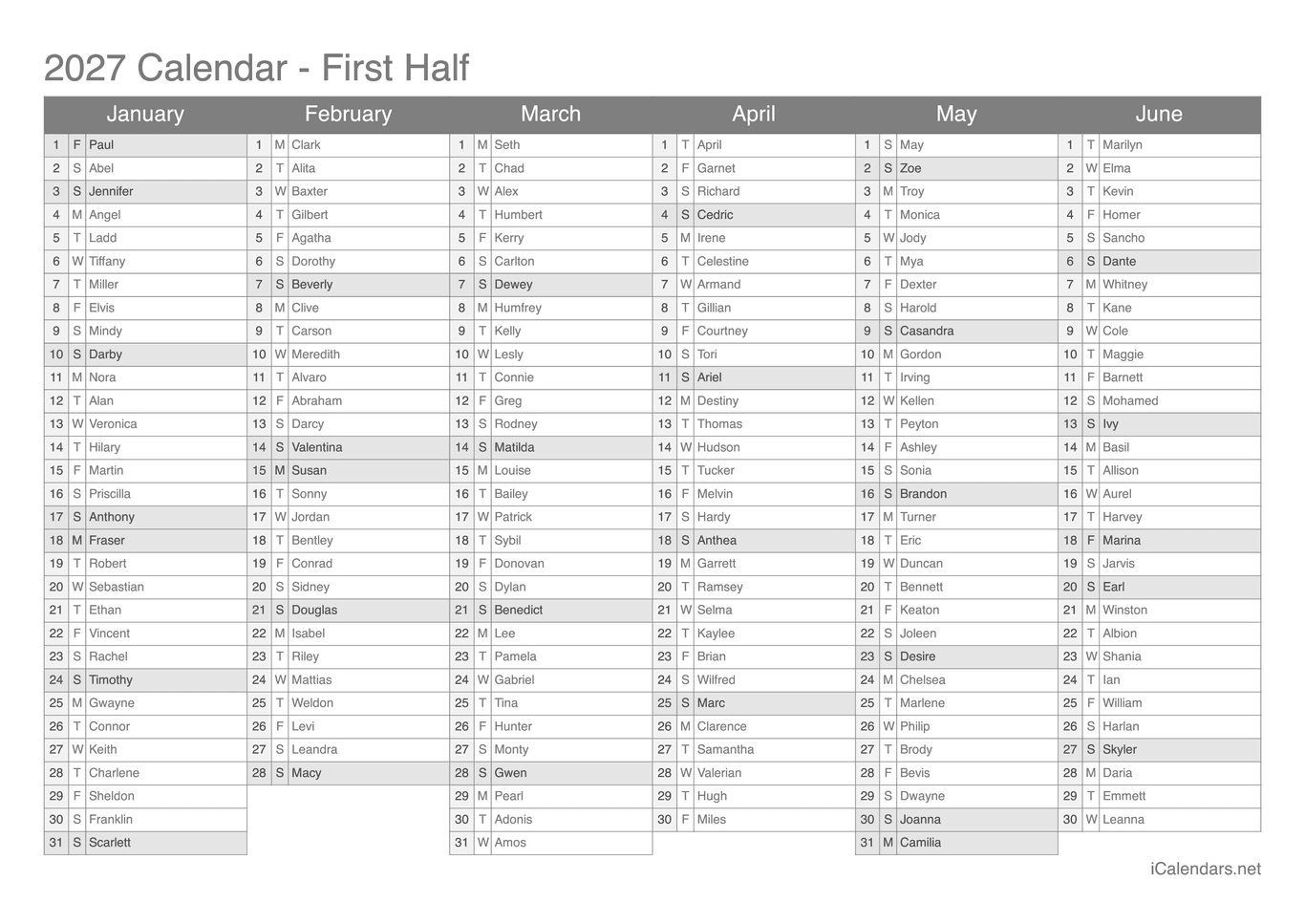 2027 Half year name day calendar
