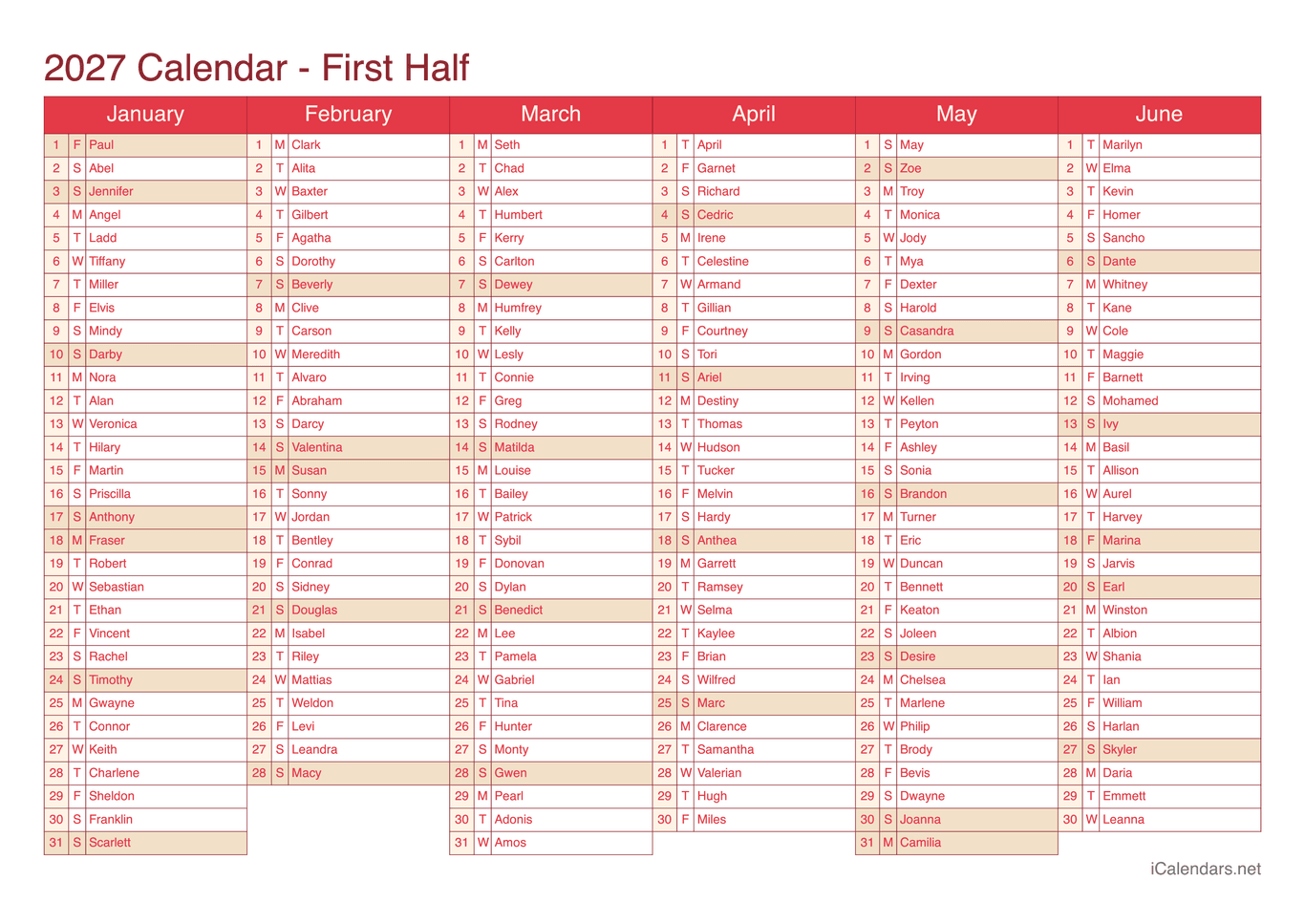 2027 Half year name day calendar - Cherry