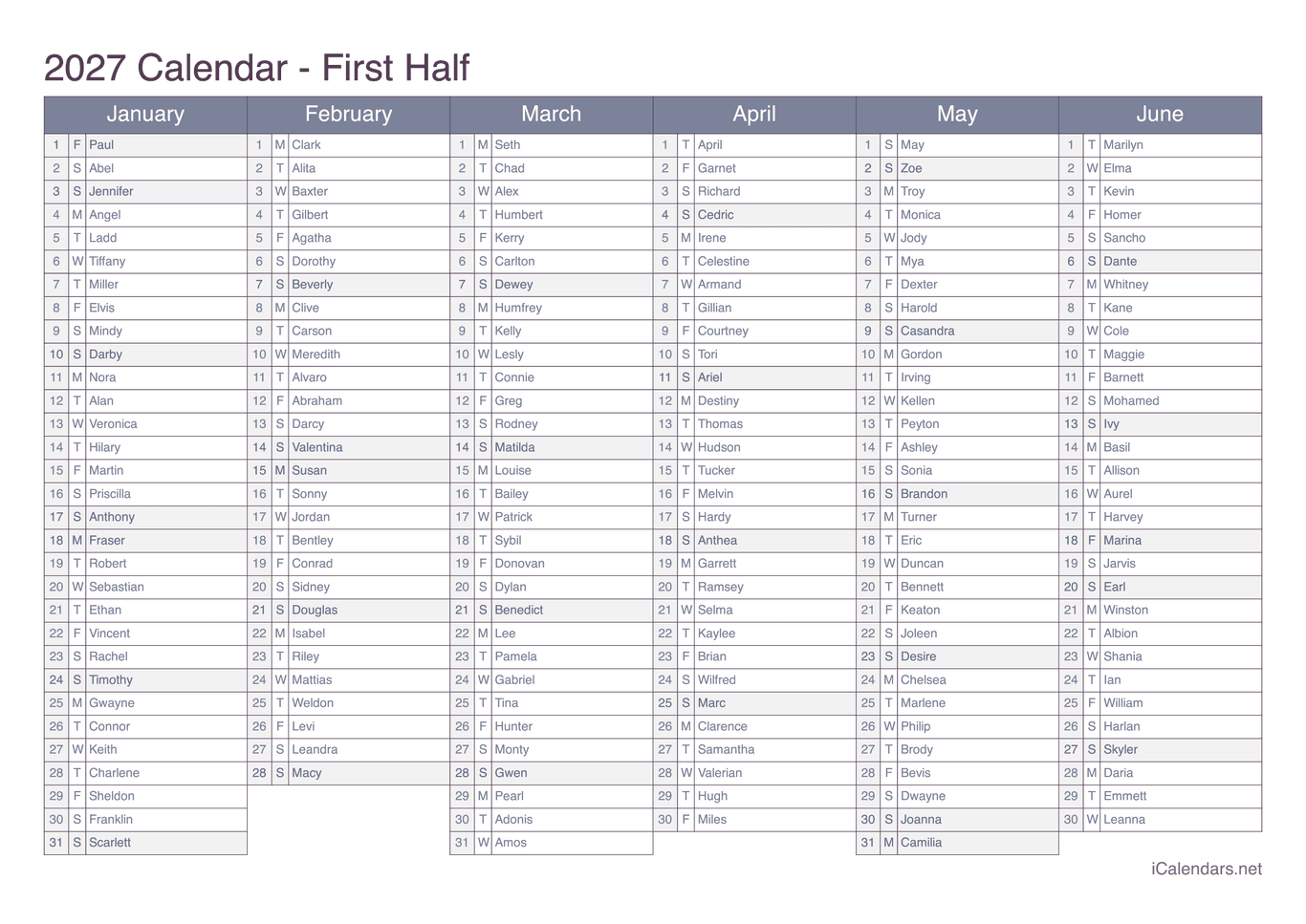 2027 Half year name day calendar - Office