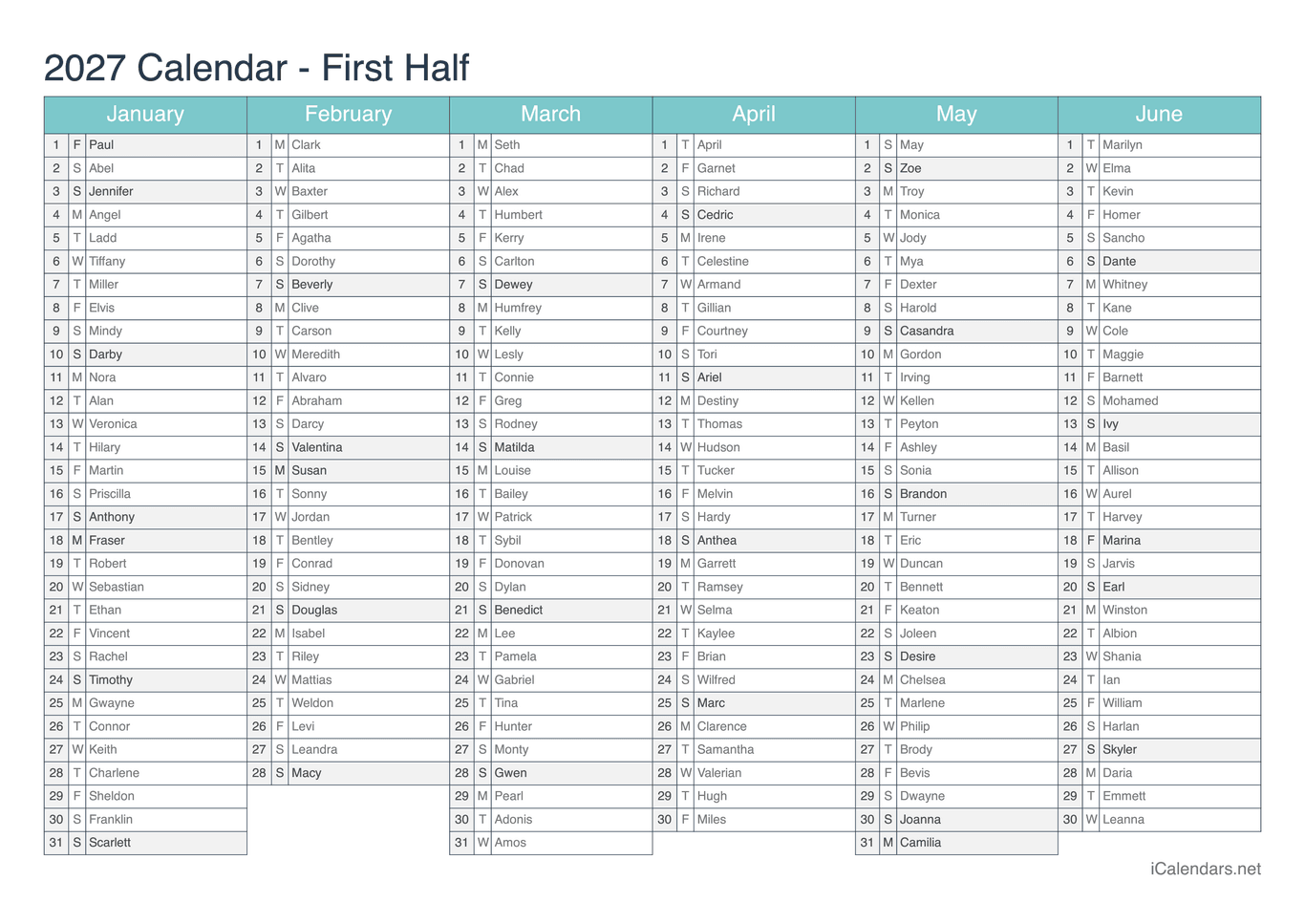 2027 Half year name day calendar - Turquoise