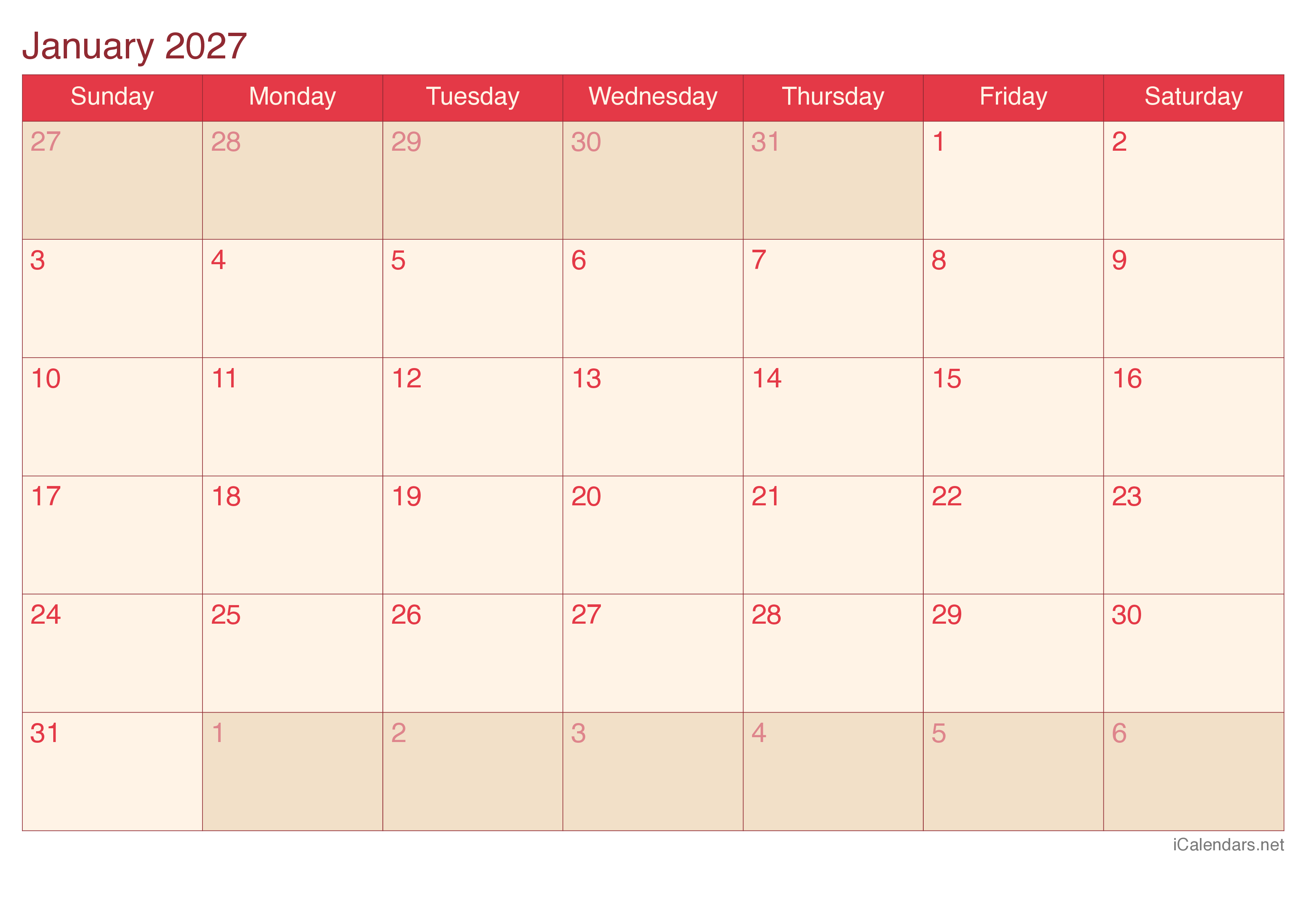 2027 Monthly Calendar - Cherry