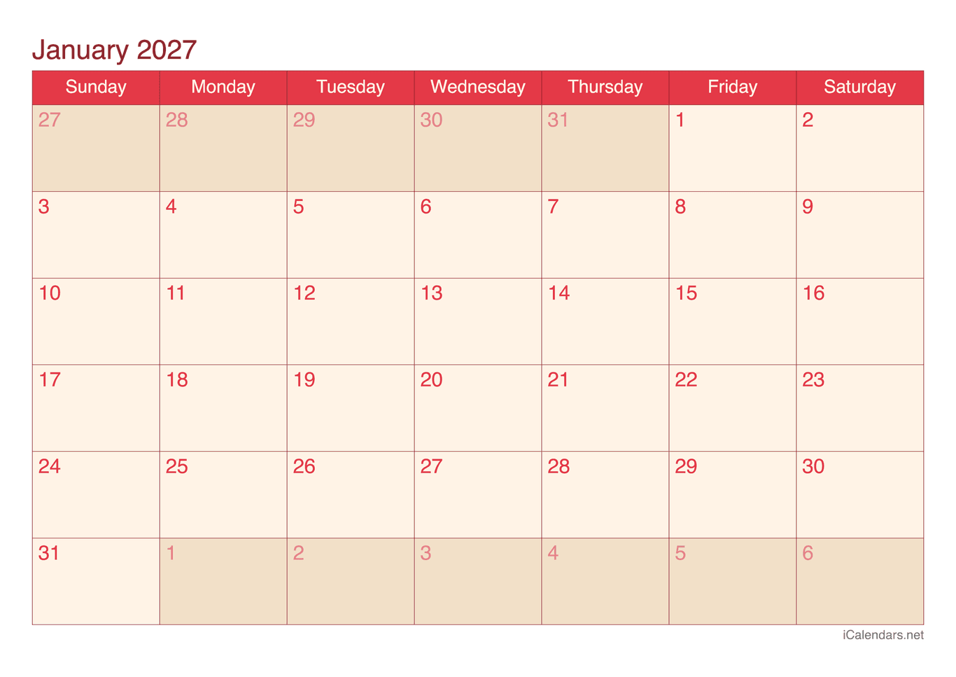 2027 Monthly Calendar - Cherry