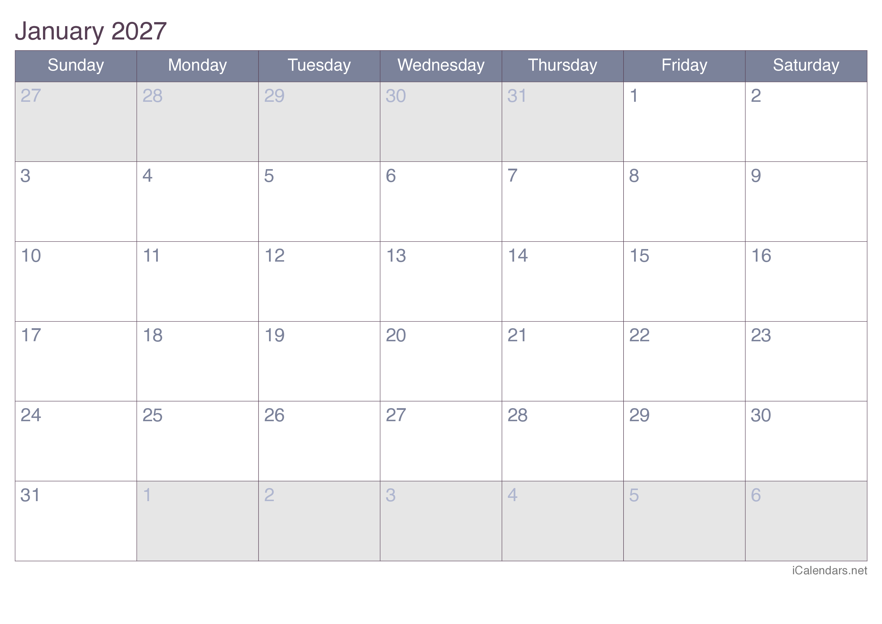 2027 Monthly Calendar - Office