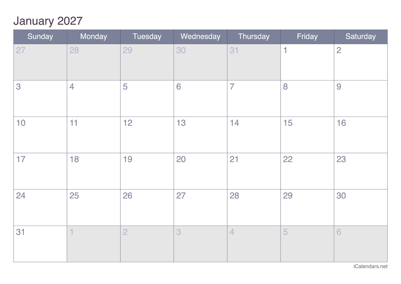 2027 Monthly Calendar - Office