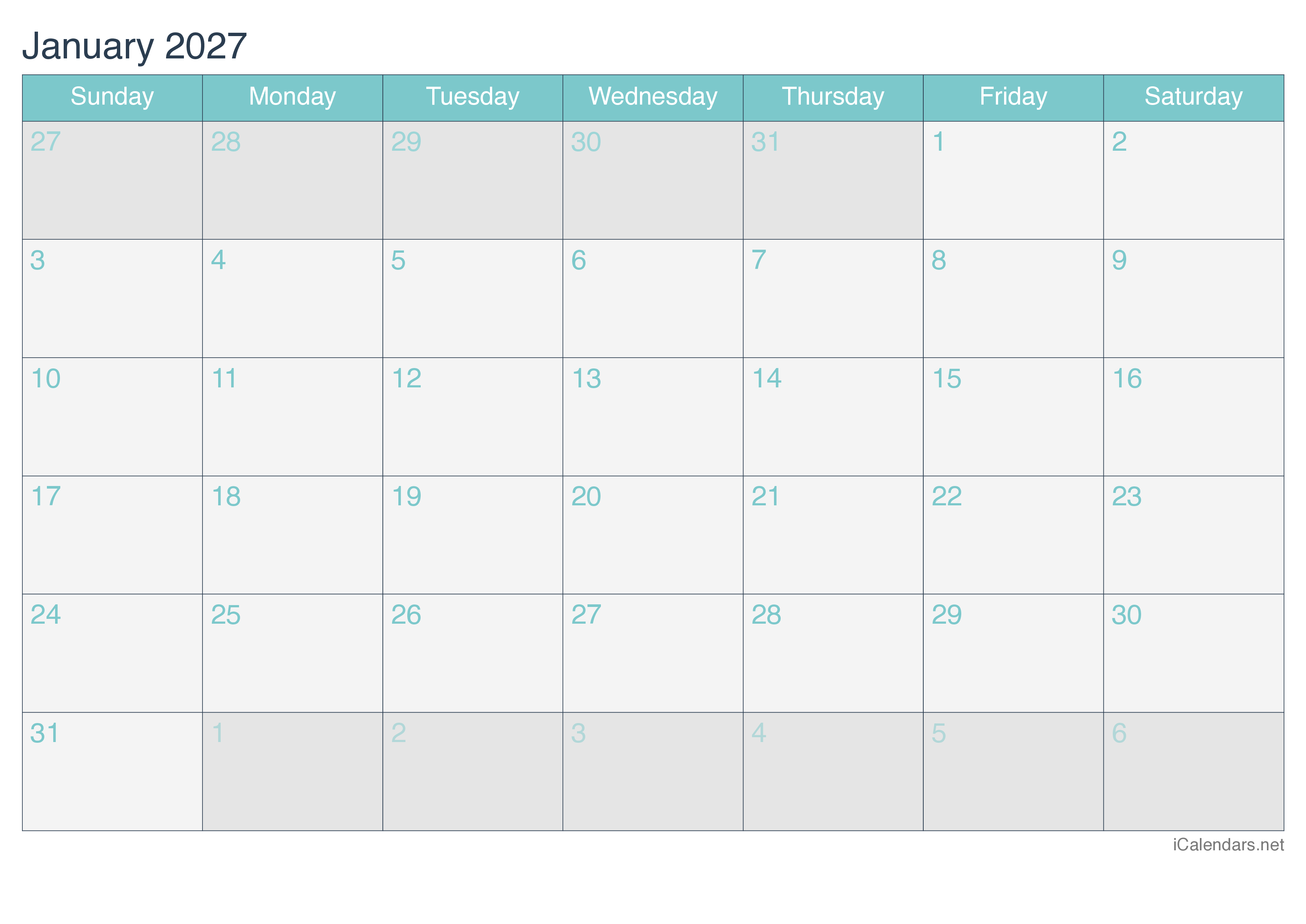 2027 Monthly Calendar - Turquoise