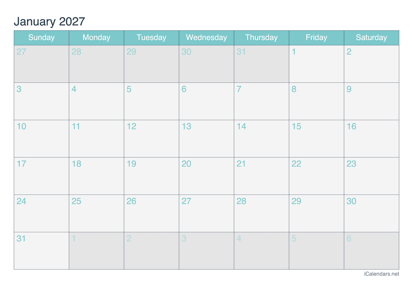 2027 Monthly Calendar - Turquoise