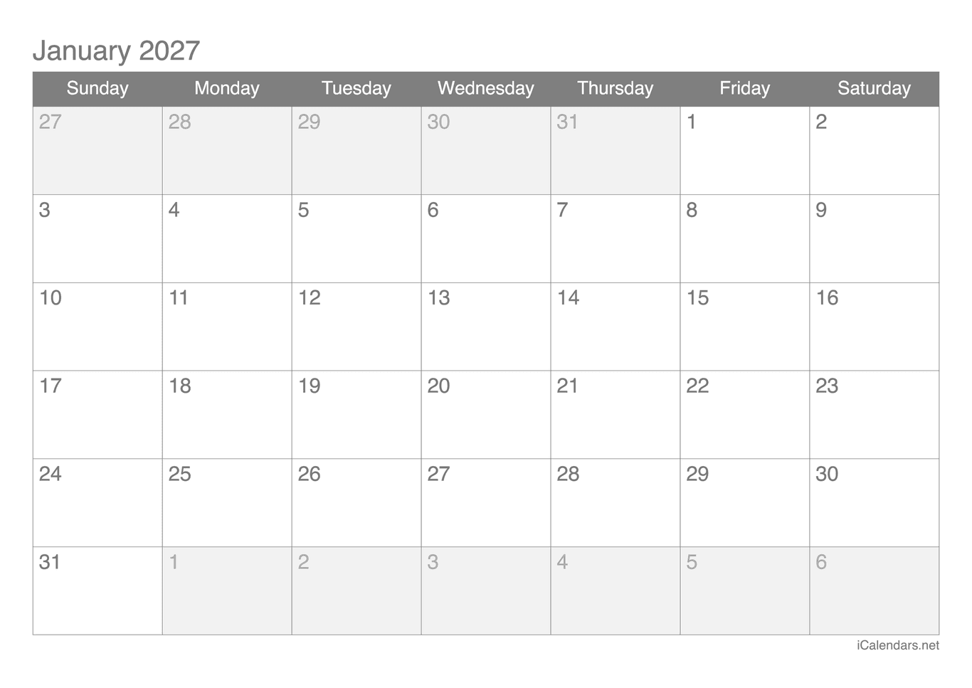 2027 Monthly Calendar