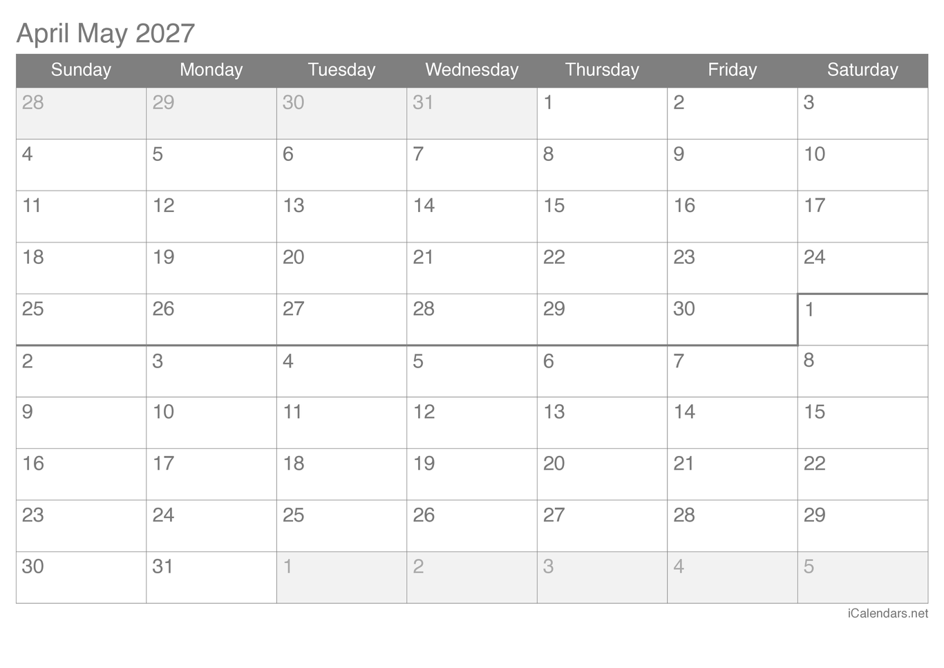 2027 April May Calendar