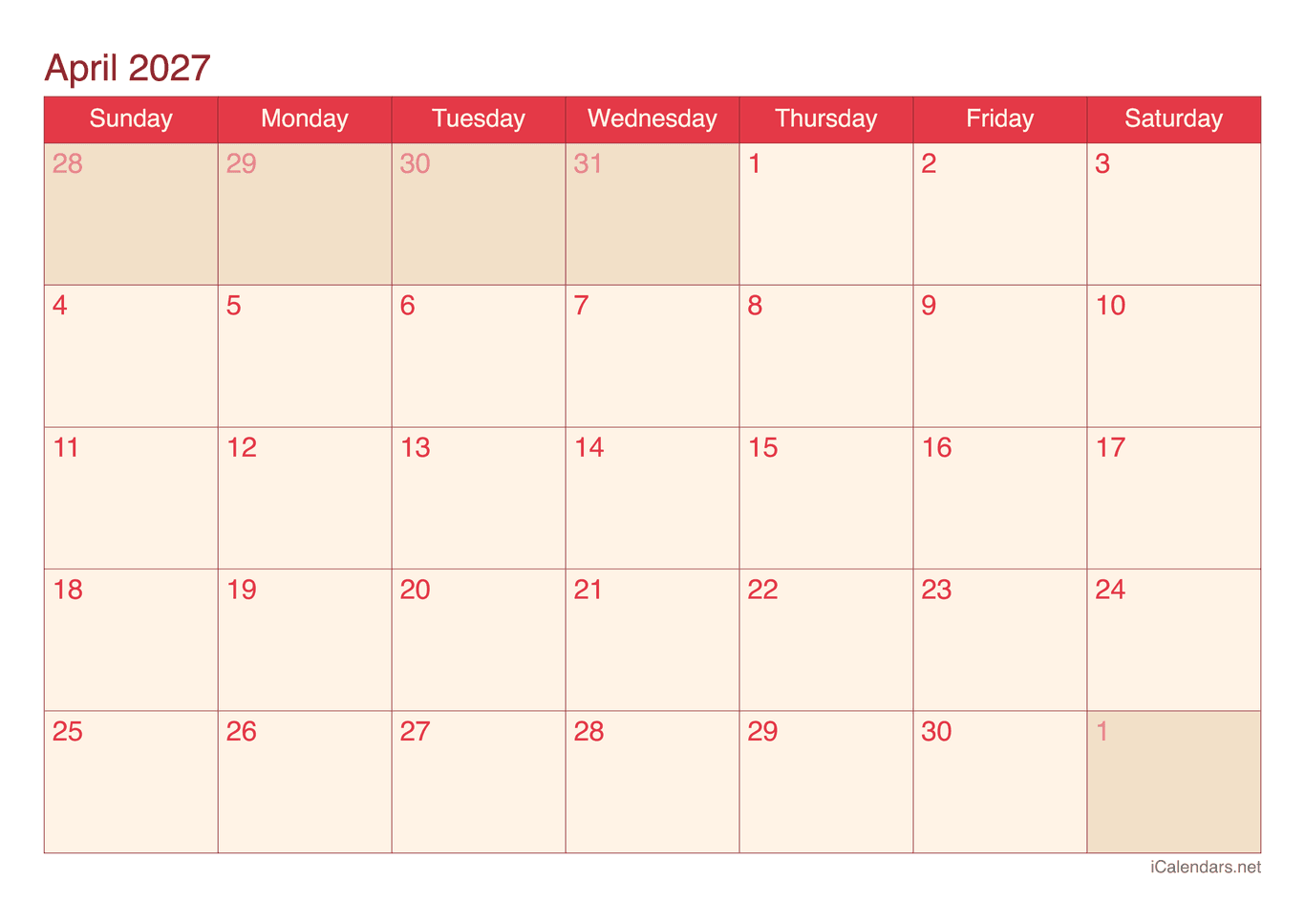 2027 April Calendar - Cherry