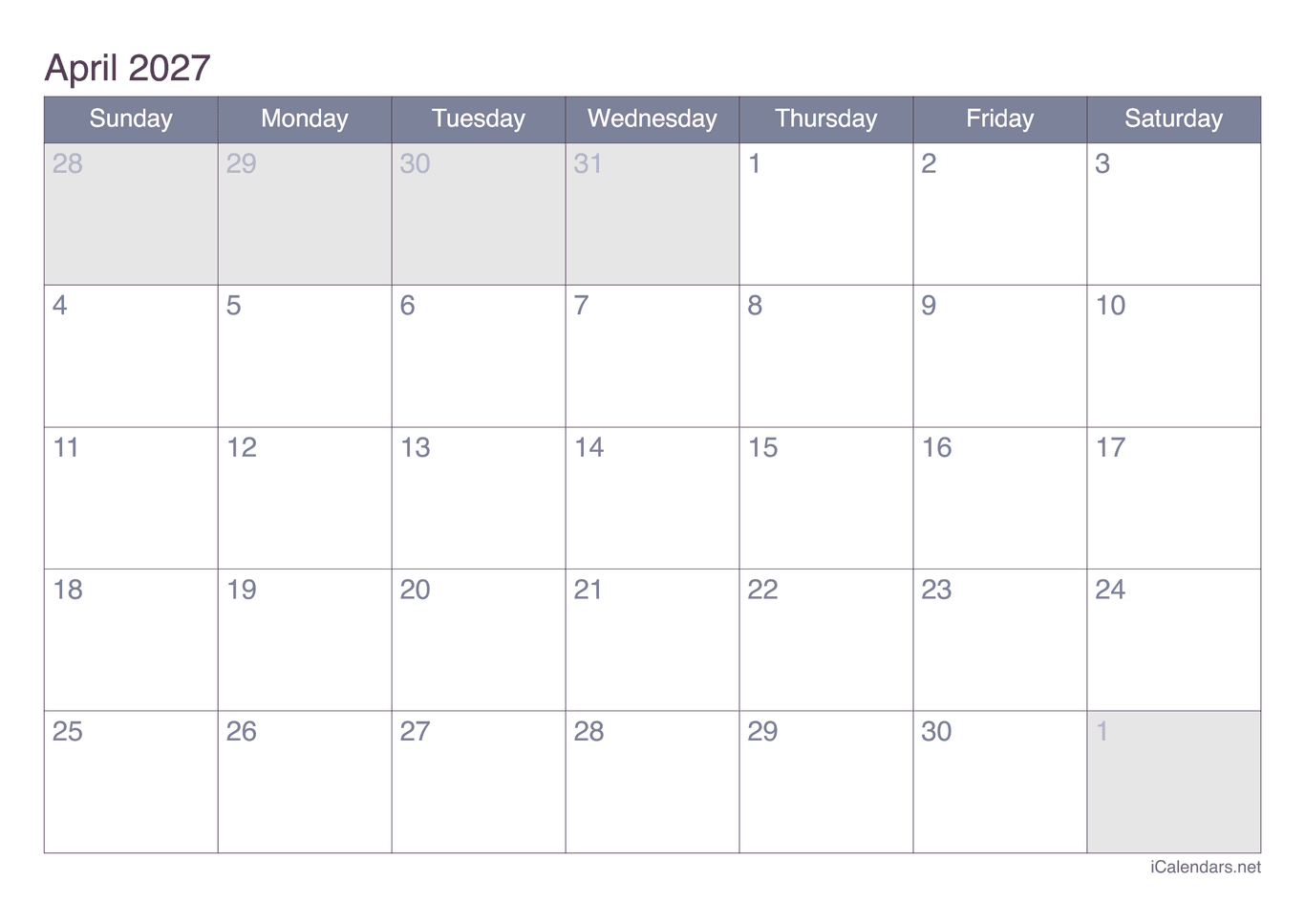 2027 April Calendar - Office