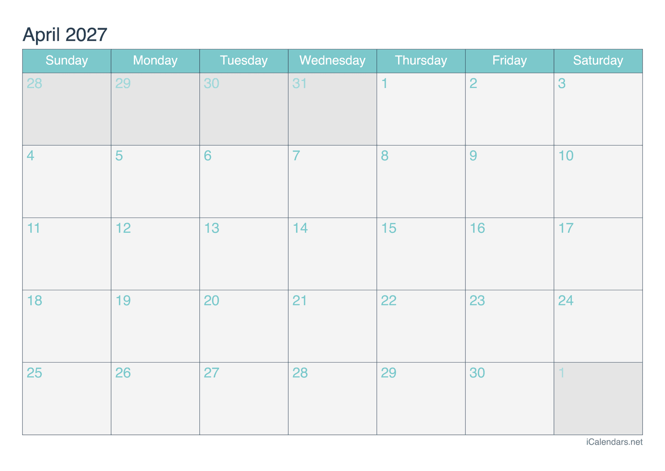 2027 April Calendar - Turquoise