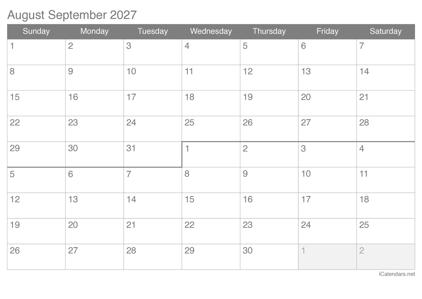 2027 August September Calendar