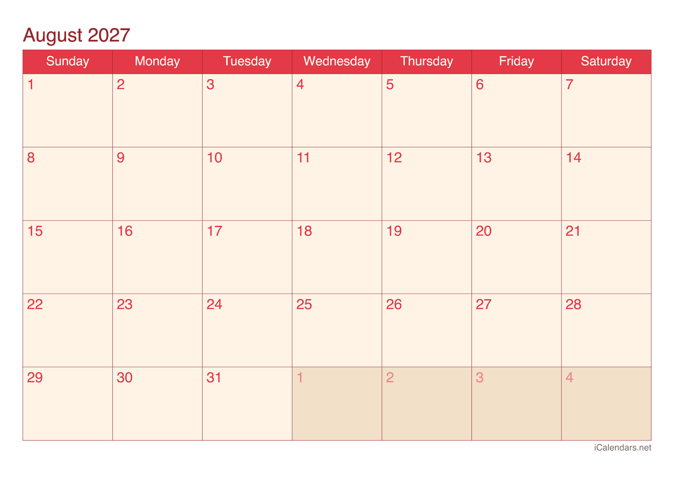 2027 August Calendar - Cherry