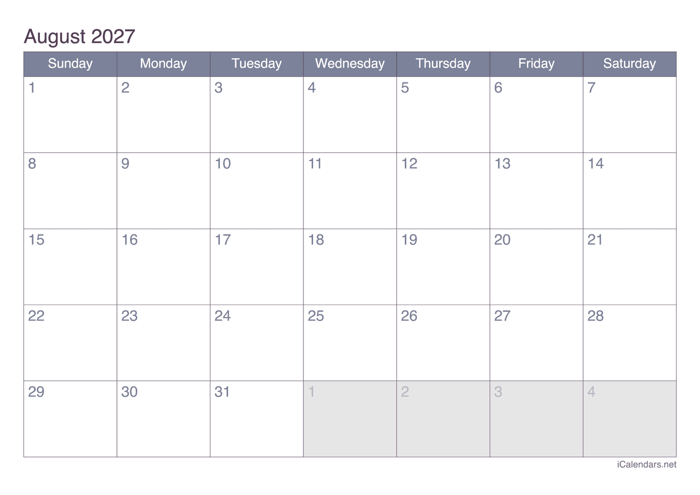 2027 August Calendar - Office