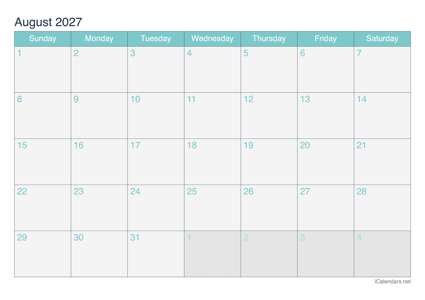 2027 August Calendar - Turquoise