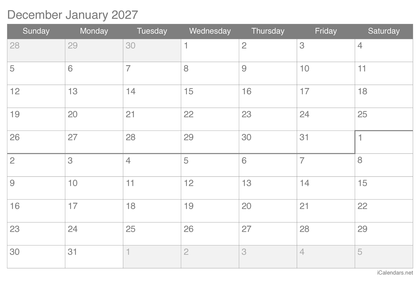 2027 December January Calendar
