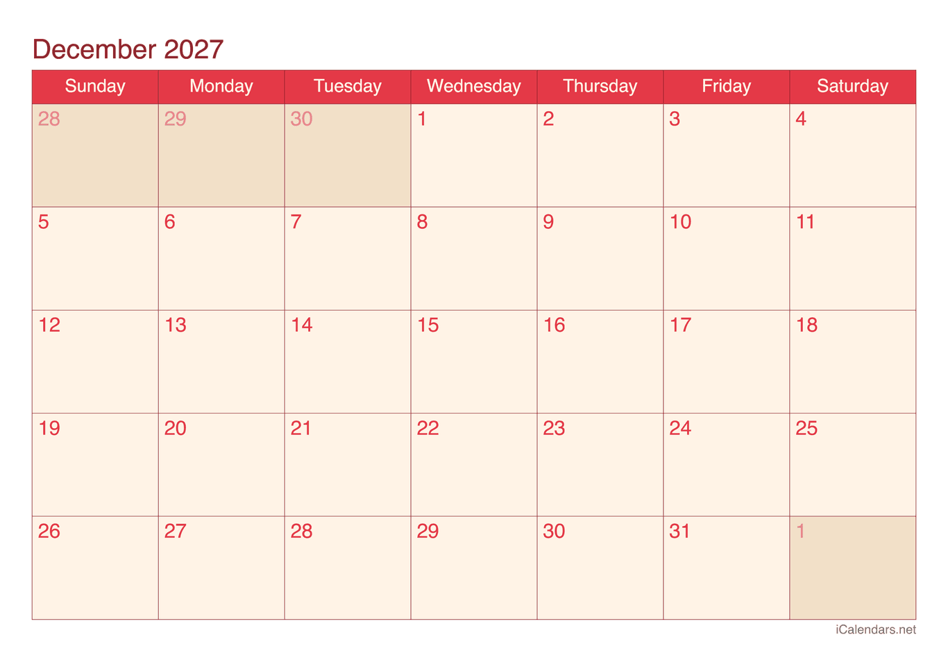 2027 December Calendar - Cherry