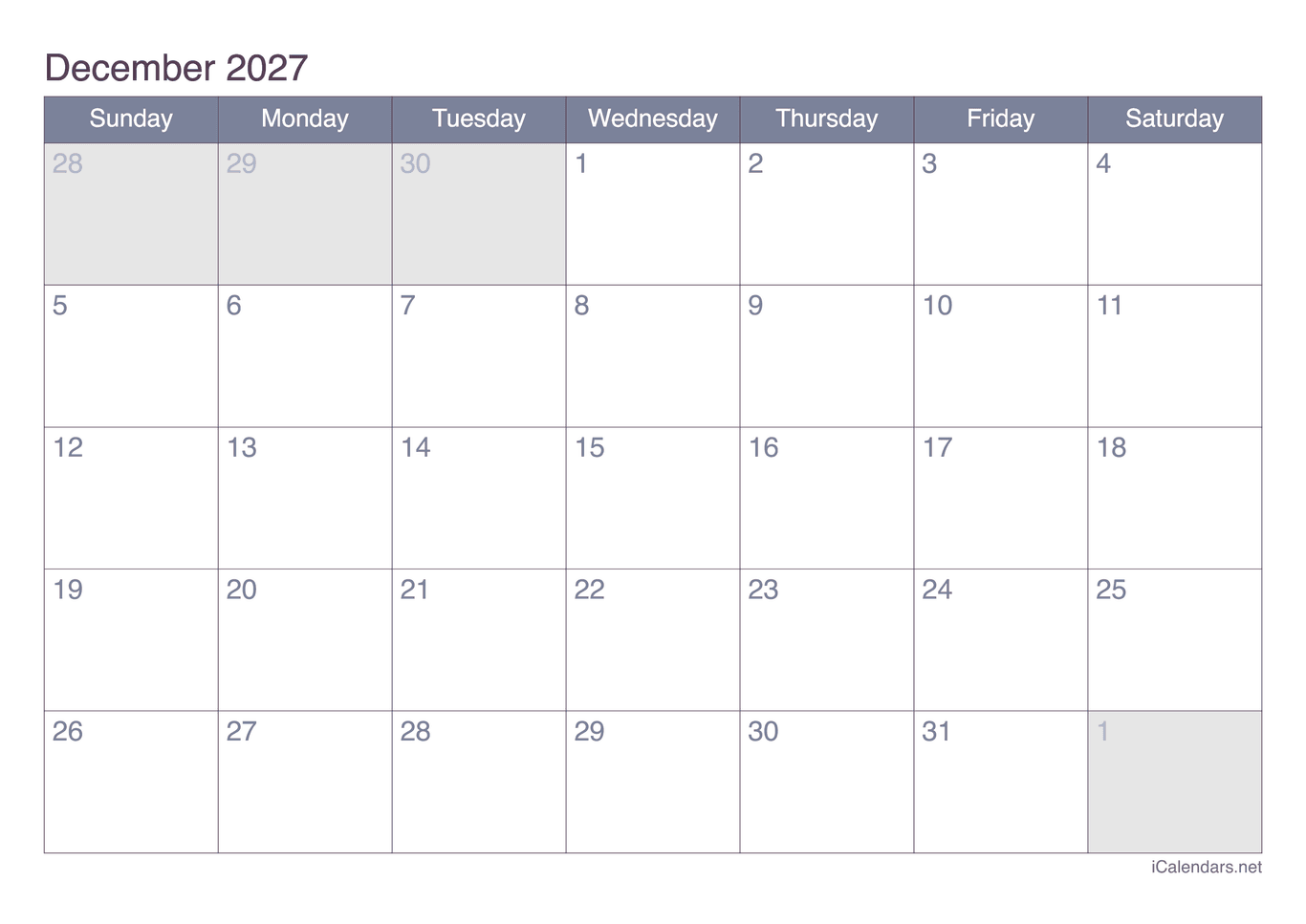 2027 December Calendar - Office