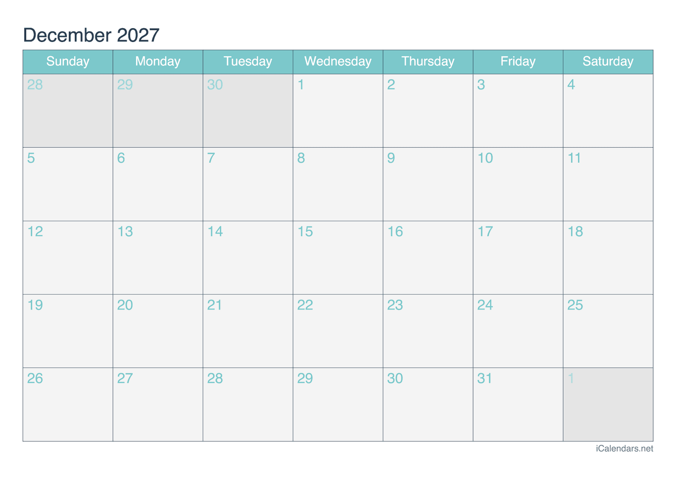 2027 December Calendar - Turquoise