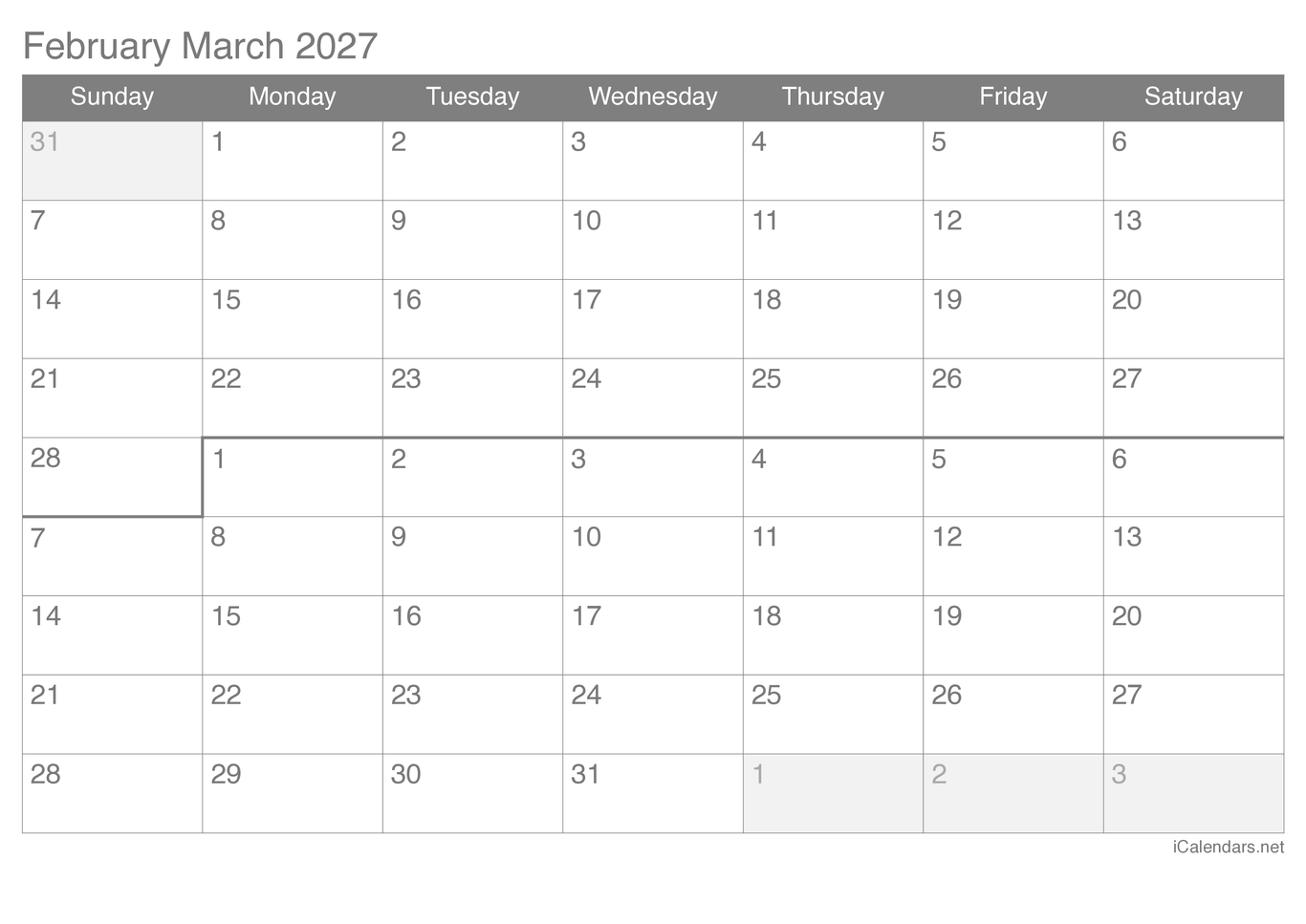 2027 February March Calendar