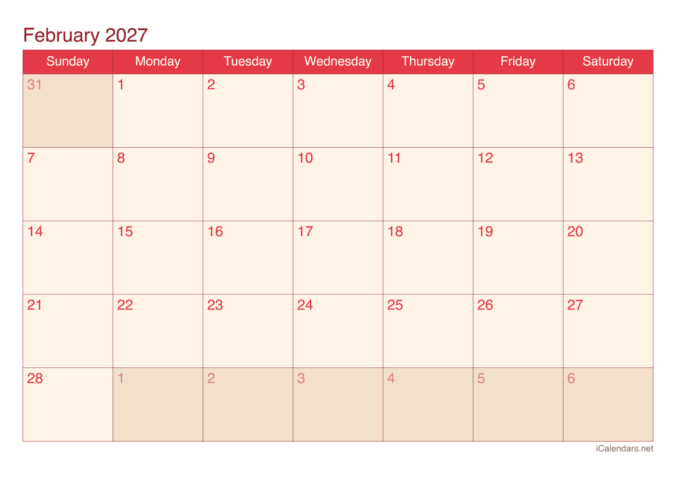 2027 February Calendar - Cherry