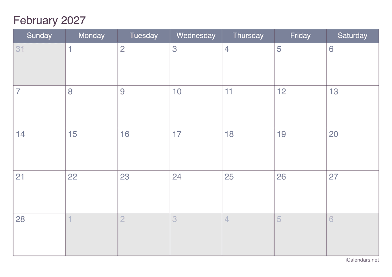 2027 February Calendar - Office