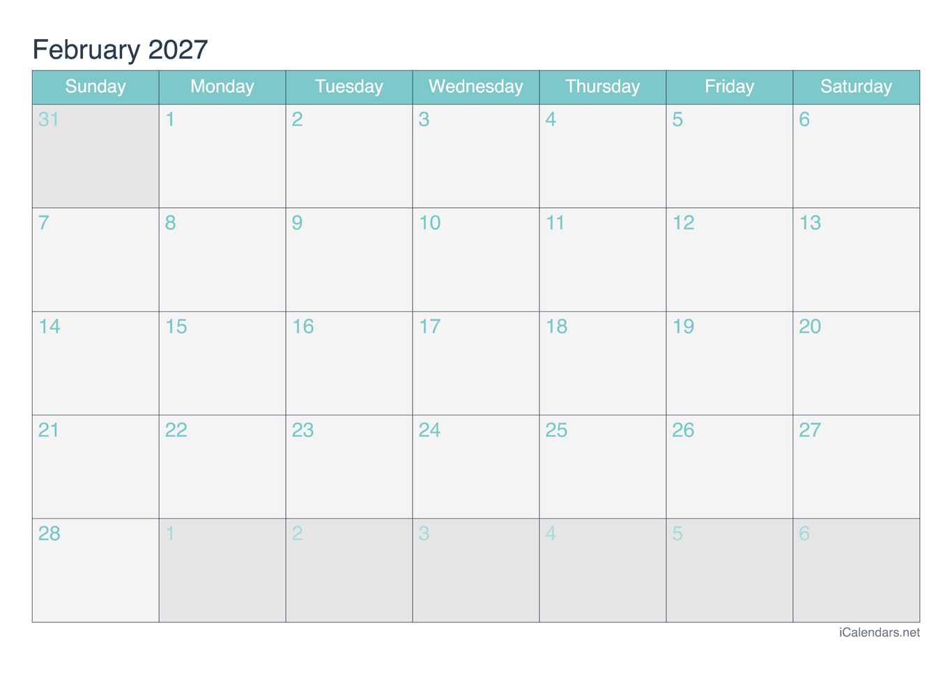 2027 February Calendar - Turquoise