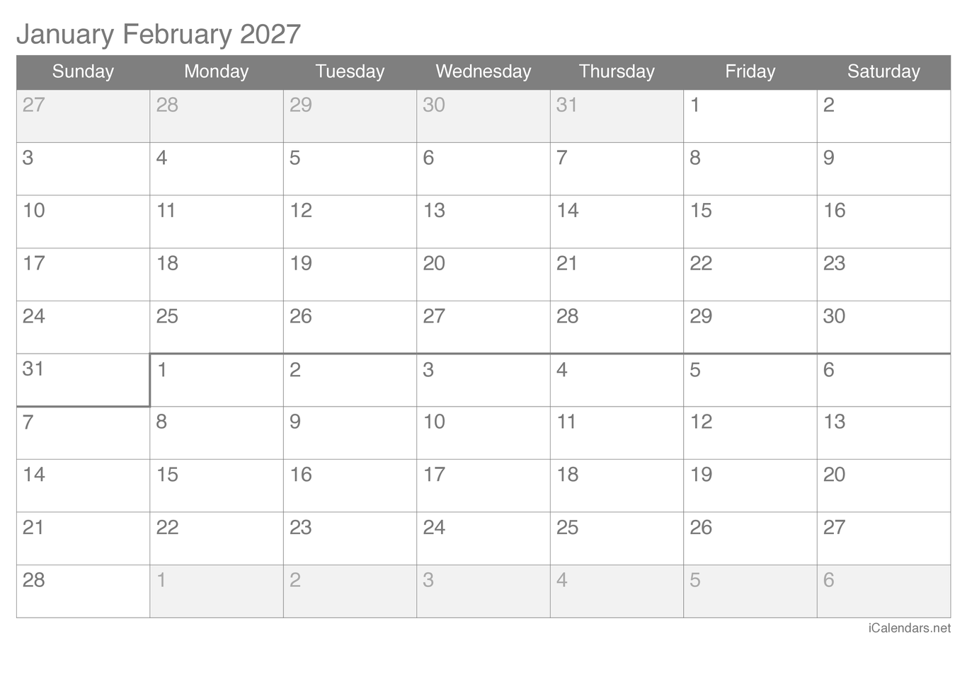 2027 January February Calendar