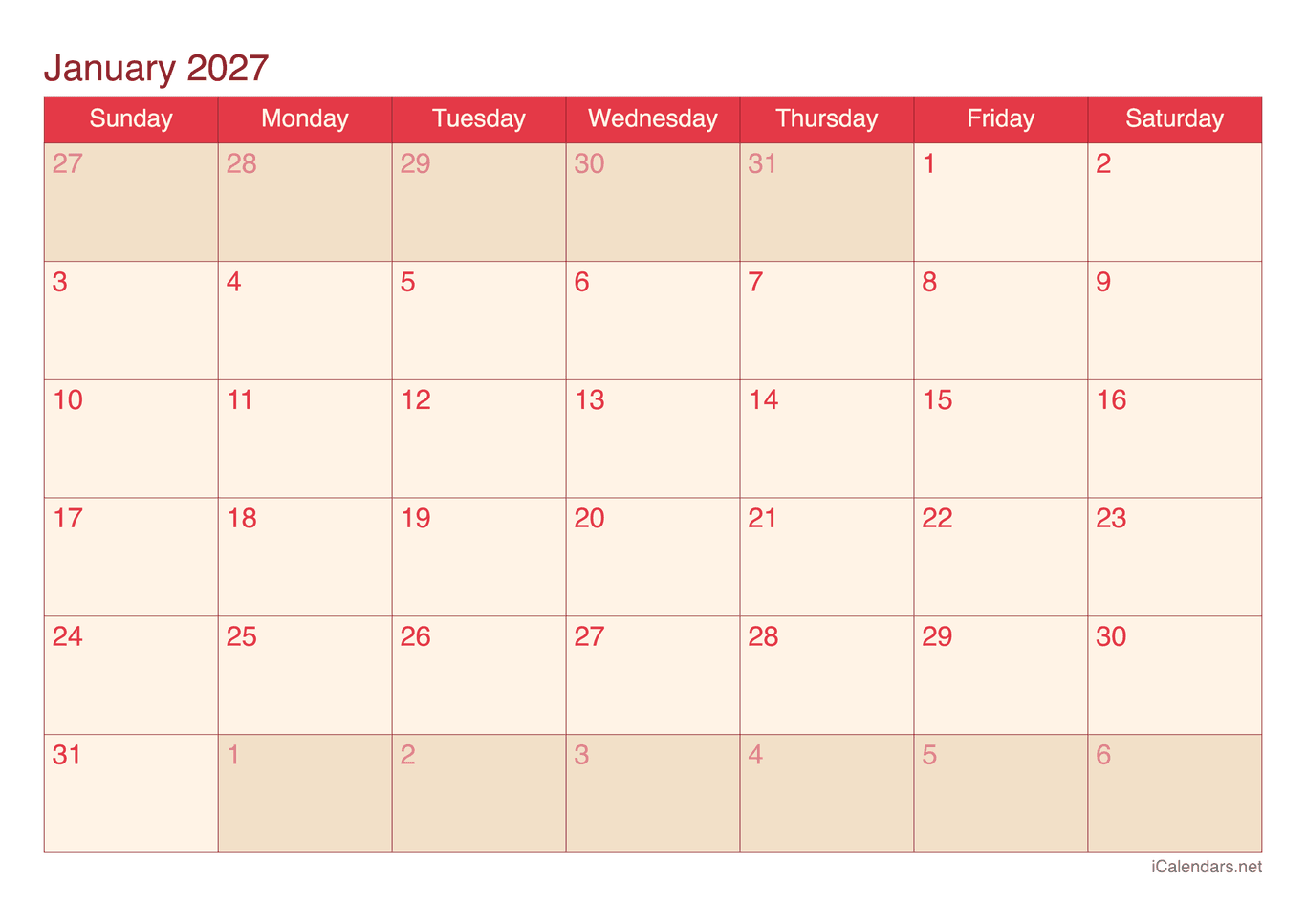 2027 January Calendar - Cherry