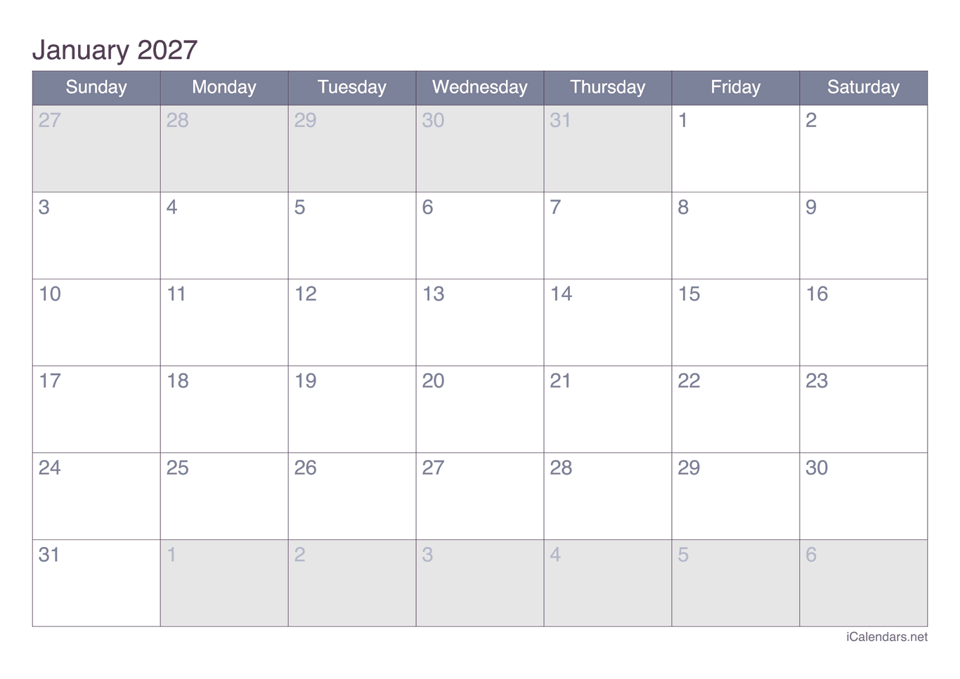 2027 January Calendar - Office