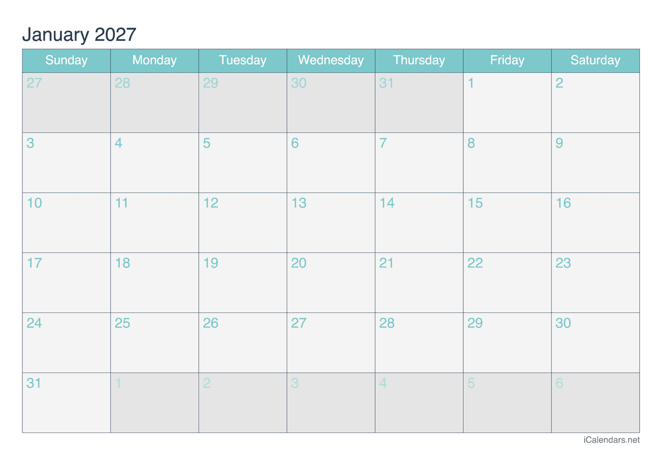 2027 January Calendar - Turquoise
