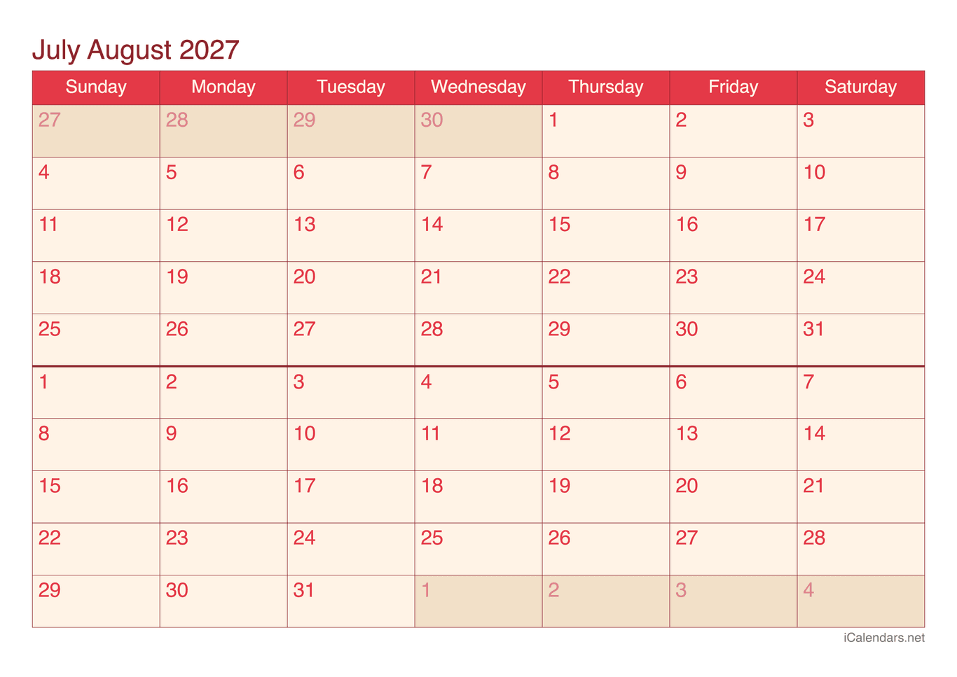 2027 July August Calendar - Cherry