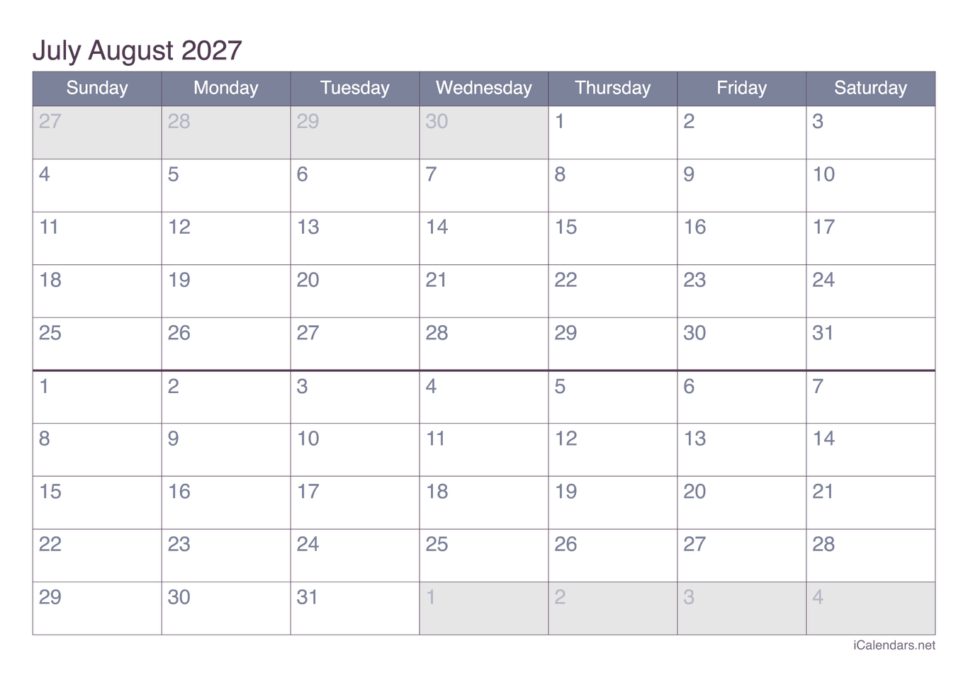 2027 July August Calendar - Office