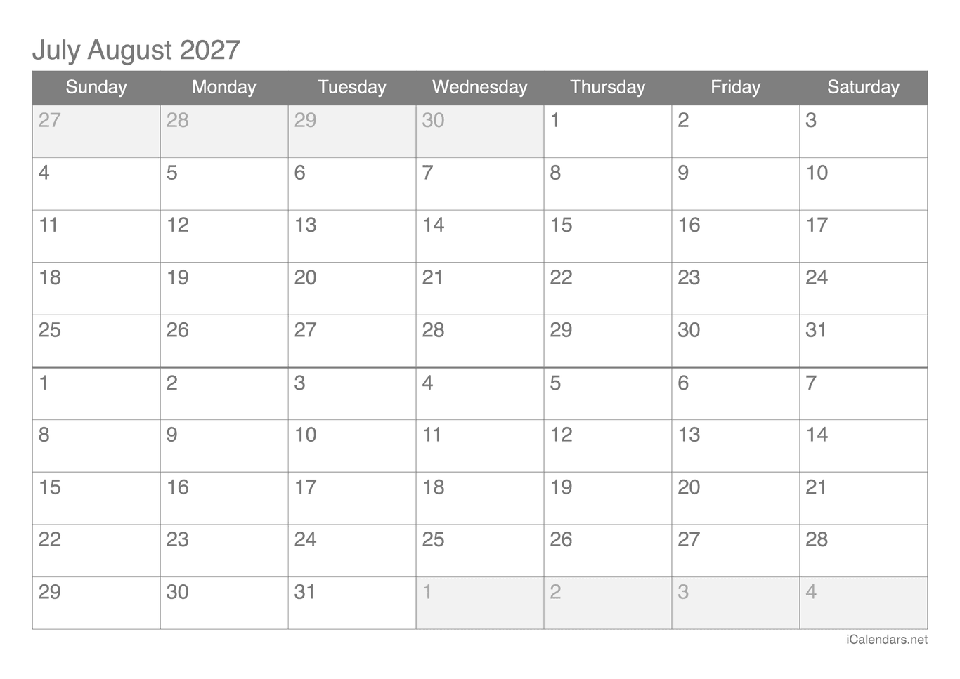 2027 July August Calendar