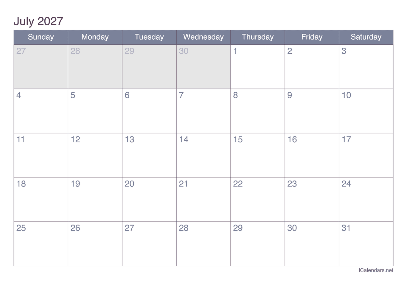 2027 July Calendar - Office