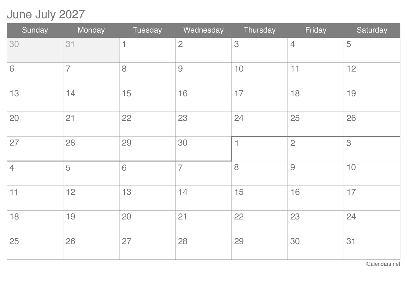 2027 June July Calendar