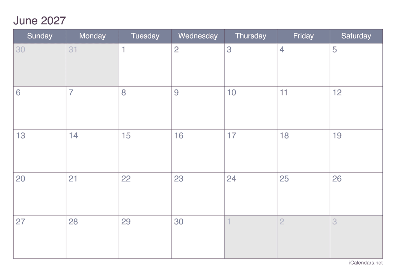 2027 June Calendar - Office