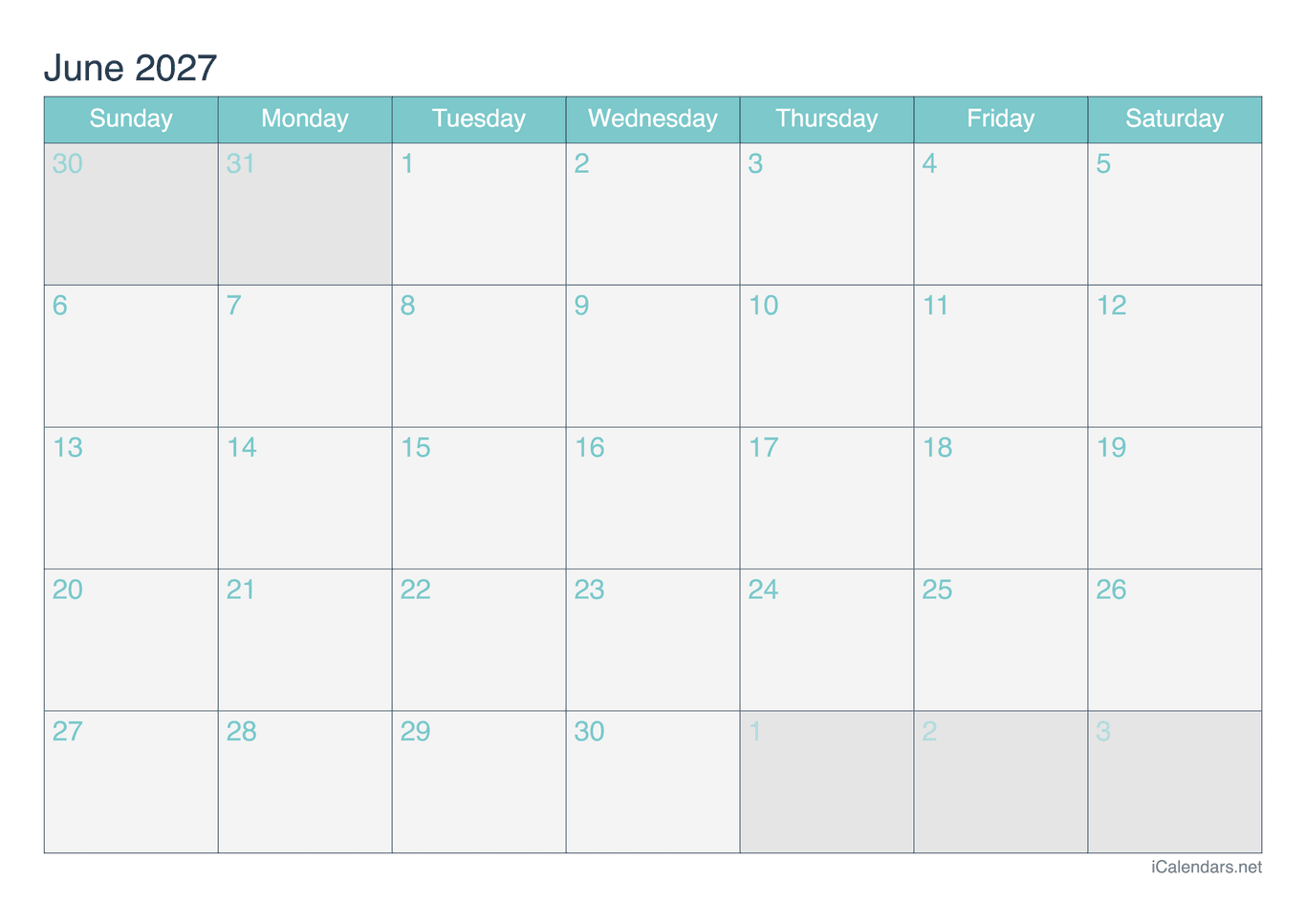 2027 June Calendar - Turquoise