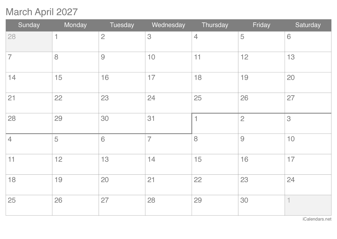 2027 March April Calendar