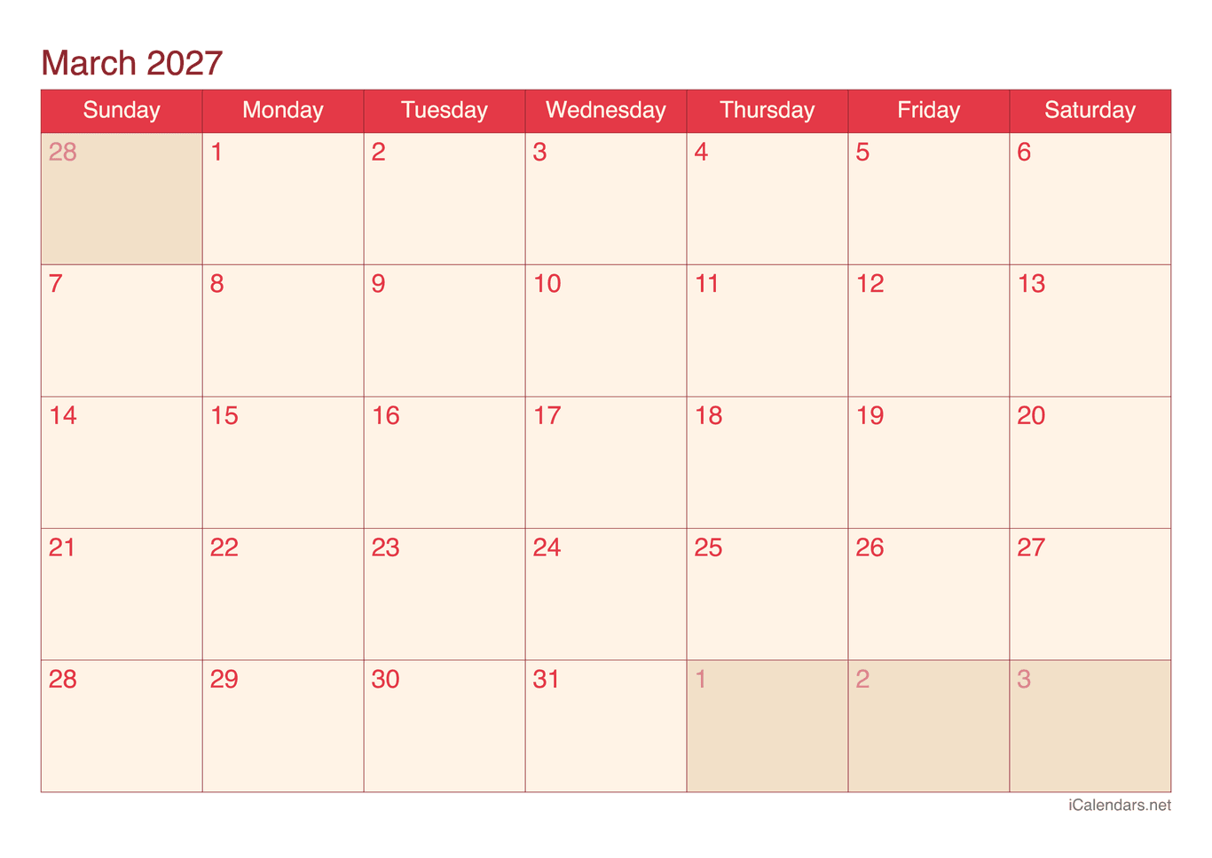 2027 March Calendar - Cherry